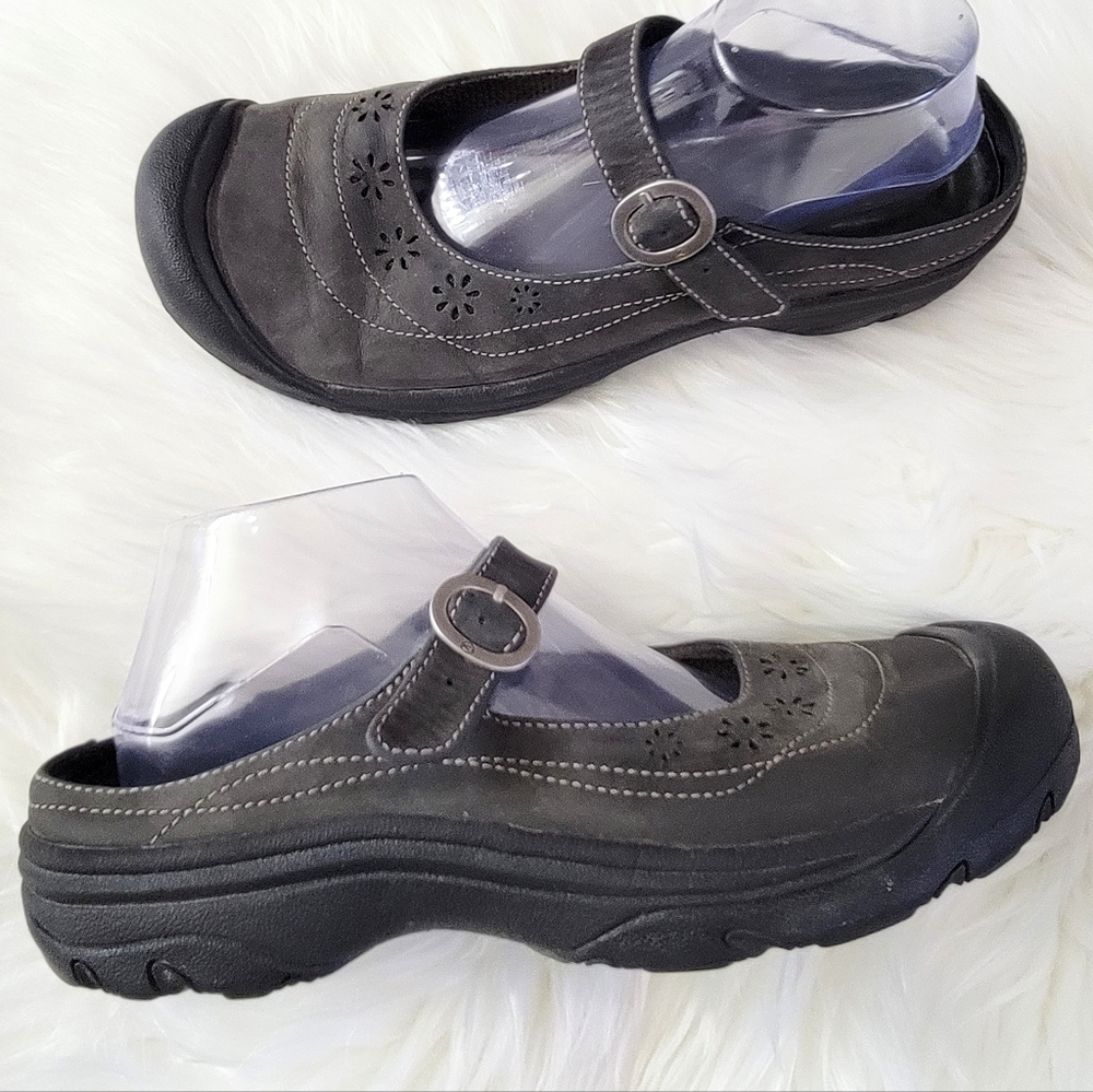 KEEN Mary Jane Leather Floral Cut Out Charcoal Nubuck Slip-on Size 10